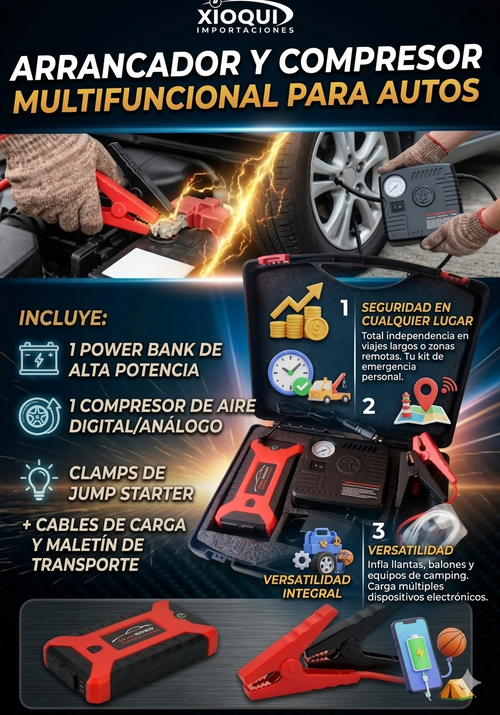 Kit de Emergencia HIGH POWER: Arrancador + compresor + power bank - XIO16X